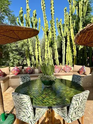a patio with a table and chairs with cactus at Villa Shambhala in Marrakech