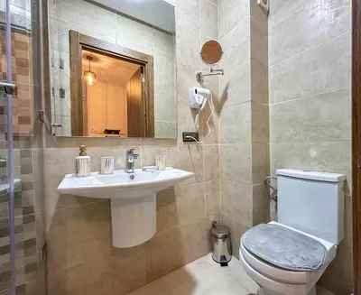 a bathroom with a toilet and a sink and a mirror at Charmant appartement in Marrakech