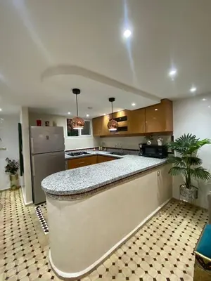 a large kitchen with a large counter in the middle at Riad Camélia in Marrakech