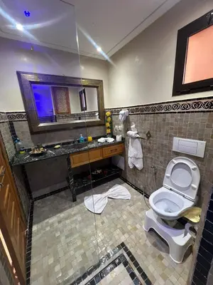 a bathroom with a toilet and a sink and a mirror at Appartement élégant avec vue sur piscine jardin verdoyant et wifi ultra rapide in Marrakech