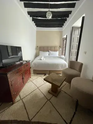 a bedroom with a bed and a tv and a couch at Riad Awatif le 36 in Marrakech