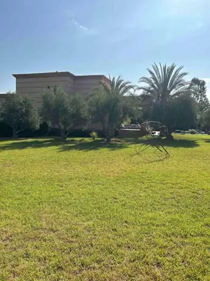 a field of grass with a building and palm trees at Villa d architecte Marrakech in Oulad Jellal