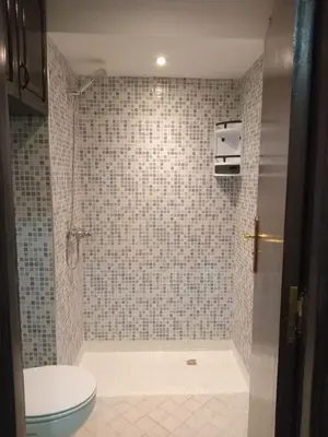a bathroom with a toilet and a tiled shower at Superbe Appartement 2 chambres à AL FADL Marrakech in Marrakech