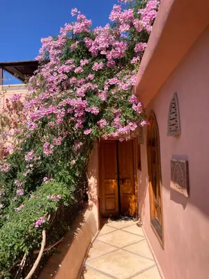 a building with pink flowers on the side of it at Riad Chameleon in Marrakech