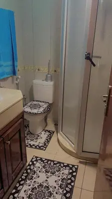a bathroom with a toilet and a shower with rugs at Mustapha in Marrakech