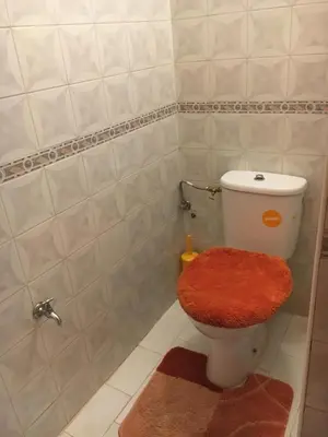 a bathroom with a toilet with a red rug on it at Zina in Marrakech