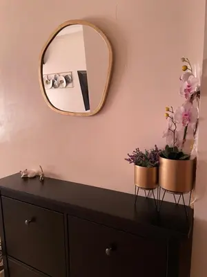 a mirror on a wall with two plants on a dresser at Yany cosy appartement in Marrakech