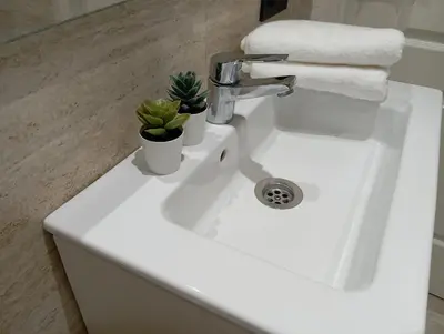 a white bathroom sink with two potted plants on it at Palace appart Marrakech - hivernage in Marrakech