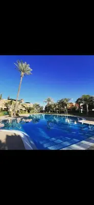 a large blue swimming pool with a palm tree at Très joli appartement à Atlas Golf Resort in Marrakech