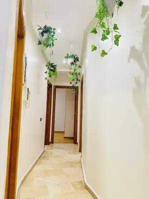 a hallway with potted plants hanging from the ceiling at Cosy House Marrakech Semlalia - Gueliz Center in Marrakech