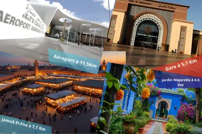 a collage of three pictures of a building with people at Appartement Rénové avec Style et Parking surveillé in Marrakech