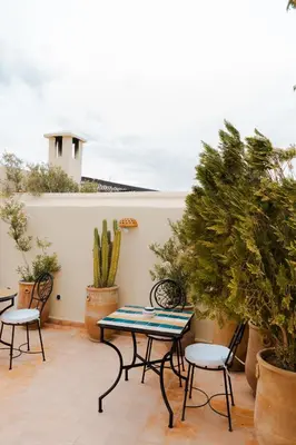 a patio with a table and chairs and plants at Boutique Hotel La Maison dArts et Medicine in Marrakech