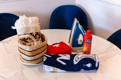a table with a bag and a bottle of toothpaste at Luxury and Healthy designed Apartment with pool in Marrakech