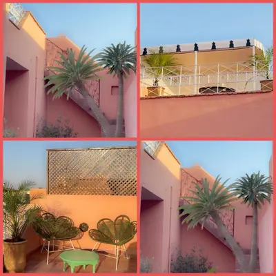 four images of a building with palm trees on the balcony at Authentique riad Emplacement exceptionnel in Marrakech