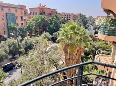 a palm tree in the middle of a city at Appart 2 chambres luxe contemporain hivernage in Marrakech