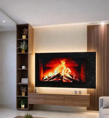 a fireplace in a living room with a fire at Expérience luxueuse Golf Prestigia Saphir BY KECH in Marrakech