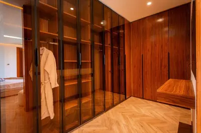a bathroom with a glass walk in shower and a tub at Villa Saphia K in Marrakech