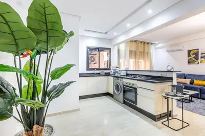 a kitchen and living room with a plant at Appartement chic et moderne in Marrakech