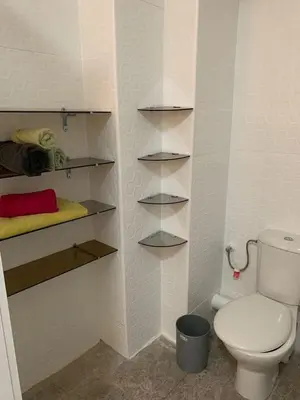 a bathroom with a toilet and shelves in a room at Résidence Sakan Ennakhil in Marrakech