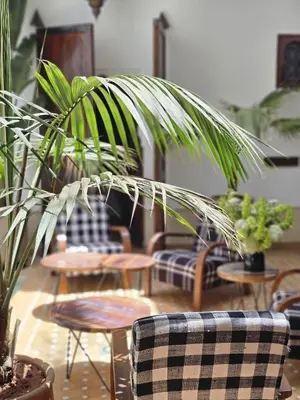 a living room with chairs and tables and plants at Riad Clefs d'Orient in Marrakech
