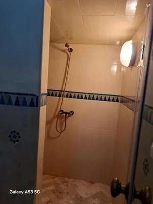 a bathroom with a shower with blue and white tiles at Élégance et authenticité in Marrakech