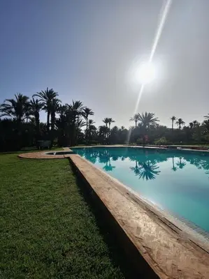 a large swimming pool with palm trees in the background at Appartement Palmeraie avec terrasse in Marrakech