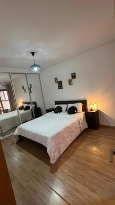 two cats laying on a bed in a bedroom at Center appartement Marrakech in Marrakech