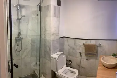 a bathroom with a shower and a toilet and a sink at 2-Bedroom Apart, Heart of Gueliz in Marrakech