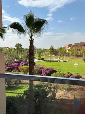 a view of a park with a palm tree at Appartement de luxe Prestigia in Marrakech