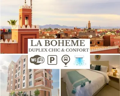 a collage of photos of a city and a hotel at La Bohéme - Duplex Neuf - Modern & Chic - Proche Gare - Confort - CLIM Parking et WIFI Gratuit ! GUELIZ in Marrakech