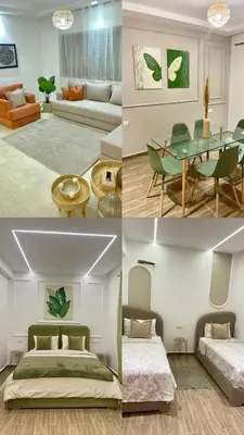 a collage of four pictures of a living room at Duplex chic et cosy avec piscine in Marrakech