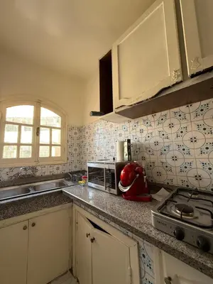 a kitchen with a sink and a stove and a microwave at Appartement Salia à Guéliz Marrakech in Marrakech