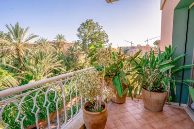 a balcony with potted plants and palm trees at vue imprenable sur les jardins de la villa d Yves saint Laurent in Marrakech