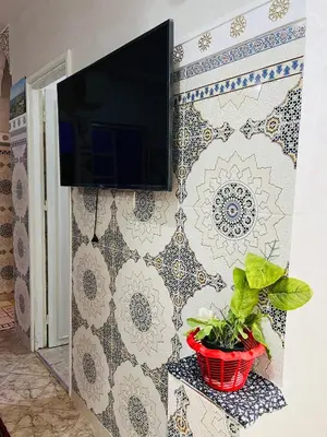 a tiled wall with a television and a potted plant at Angel 12 minutes from Marrakech airport in Marrakech
