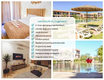 a collage of photos of a hotel room with a pool at Eva cosy - Clim, Wifi, Jardin à 10min de l'Aéroport in Marrakech