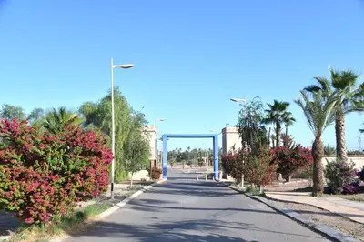 an empty street with palm trees and a blue gate at Ideal family apartment in Marrakech