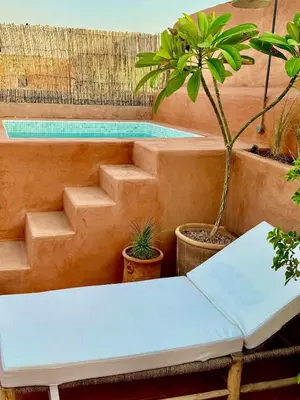 a bench sitting in front of a pool with plants at Riad Les 3J in Marrakech