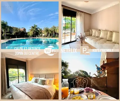 a collage of pictures of a hotel room with a pool at Dar Sawan - Beautiful 2rooms & terrace at Atlas golf Palmeraie in Marrakech