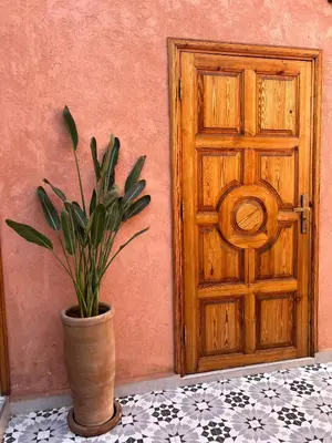 a potted plant sitting in front of a door at Riad dar lakbira in Marrakech