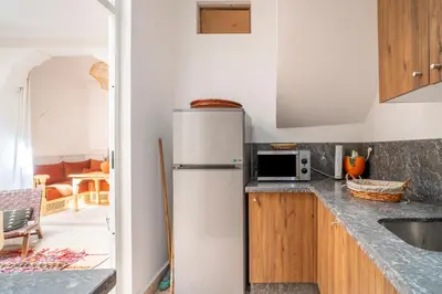 a kitchen with a white refrigerator and a sink at Riad Dar Chalyia, private, 6 people, pool in Marrakech