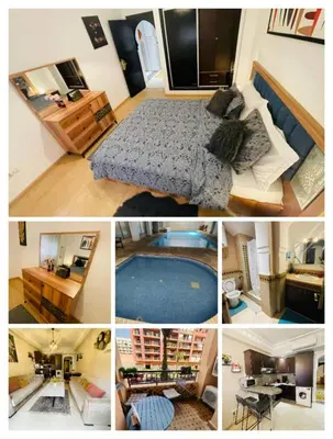 a collage of pictures of a bedroom and a pool at Studio à guiliz in Marrakech