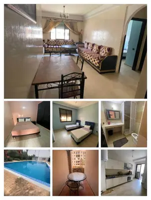 a collage of pictures of a living room and a pool at Studio à guiliz in Marrakech