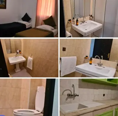 four pictures of a bathroom with a sink and a toilet at Hotel Appart HB in Marrakech