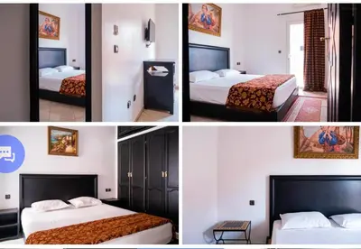 three pictures of a hotel room with two beds at Hotel Appart HB in Marrakech