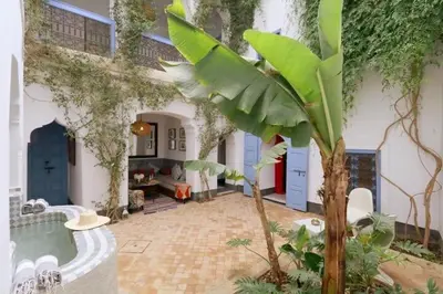 a courtyard of a house with a palm tree at mon riad in Marrakech