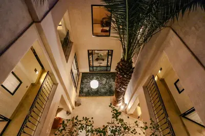 an overhead view of a hallway with a plant at Riad KO Nova in Marrakech