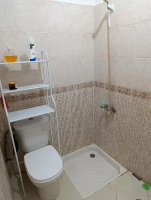 a small bathroom with a toilet and a shower at Marrakech welcome in Marrakech