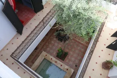 an overhead view of a swimming pool on a floor with plants at Riad XCIX, basin, 3 bedrooms in Medina excluded in Marrakech