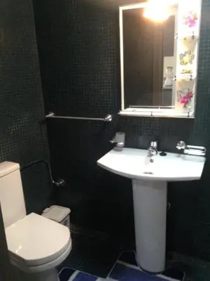 a bathroom with a sink and a toilet and a mirror at Appartement Meublé Au Centre de Gueliz in Marrakech