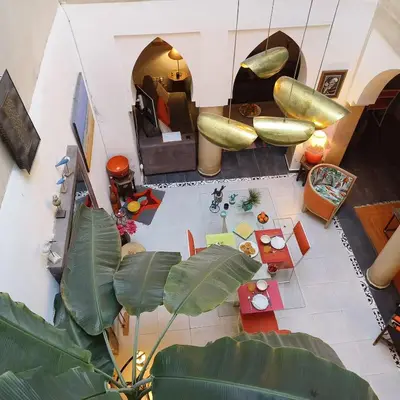 an overhead view of a living room with a couch at Riad Dom in Marrakech